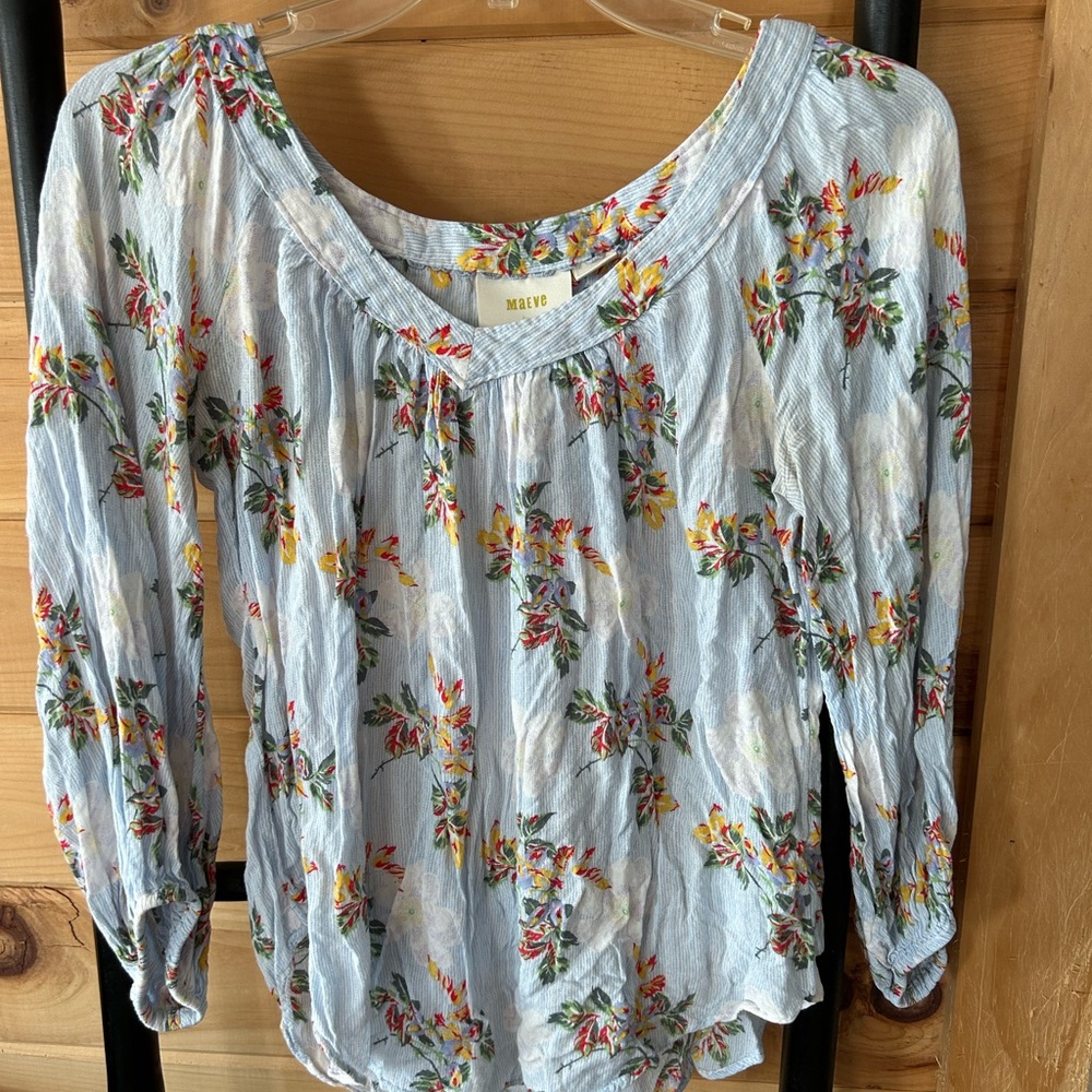 Maeve Anthropologie Blue Floral Peasant Blouse Size 2 Boho